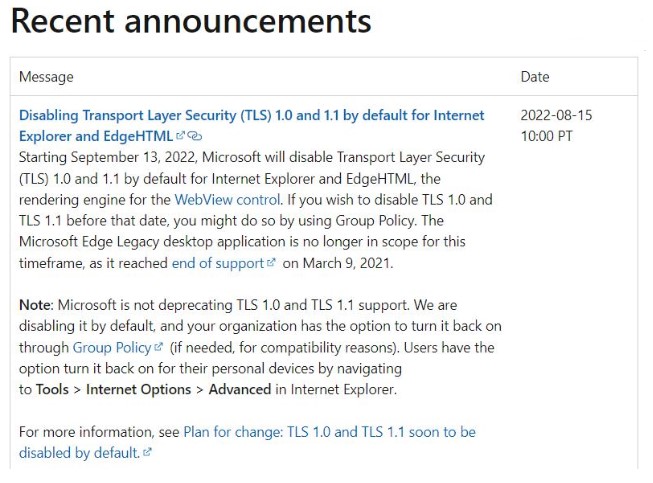 微软宣布将于9月13日禁用TLS 1.0/1.1安全协议