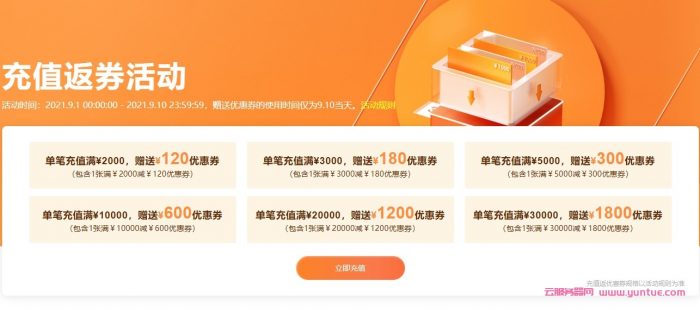 阿里云2021金秋上云活动：季充值返券，最高返1800元优惠券(图1)